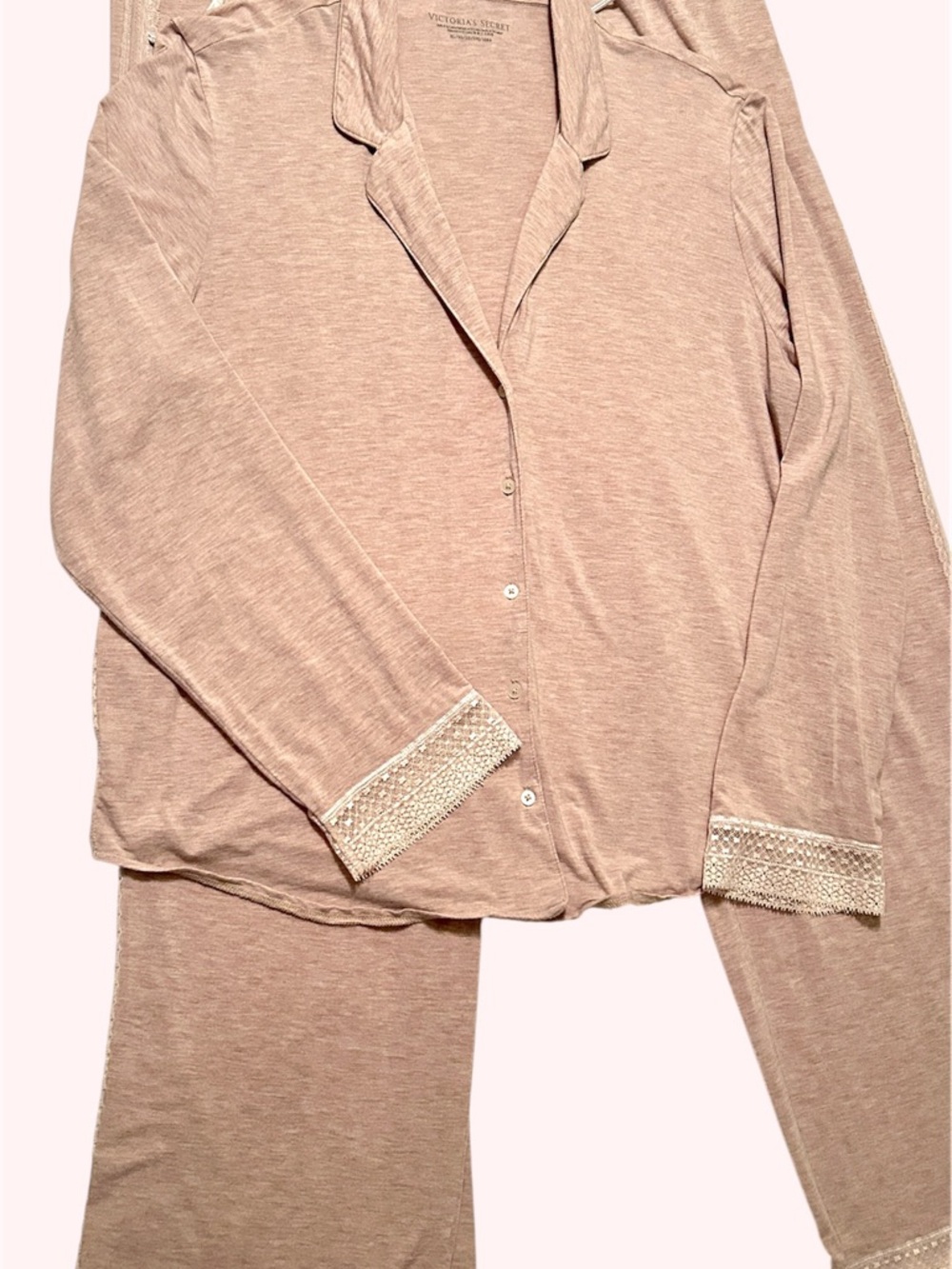 Victoria’s Secret Beige Lace‑Trim Pajama Set | Button Top & Pants | Size XL - Picture 3 of 12